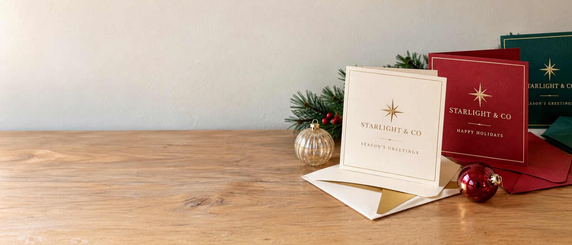 Custom business Christmas cards with envelopes on a festive table